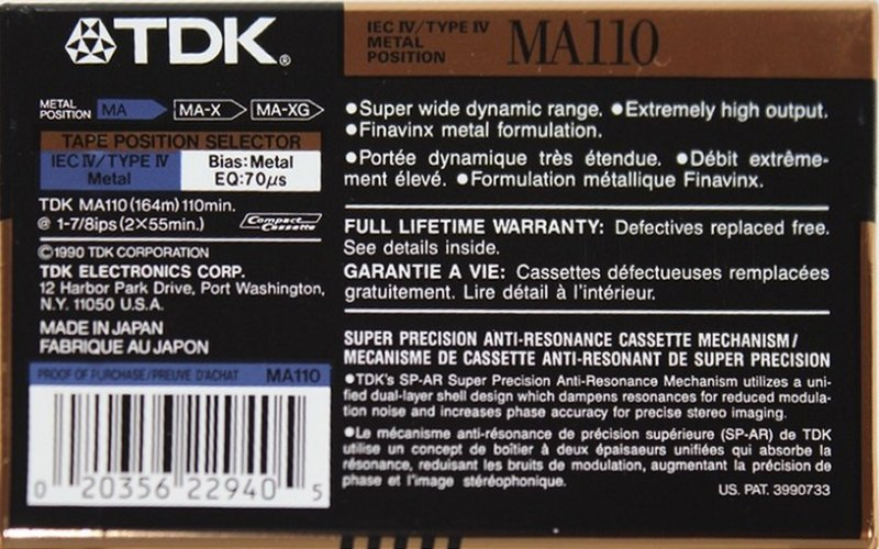 Compact Cassette TDK MA 110 Type IV Metal 1990 North America