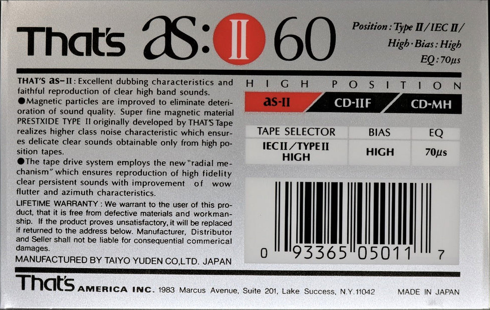 Compact Cassette Thats AS II 60 Type II Chrome 1990 USA