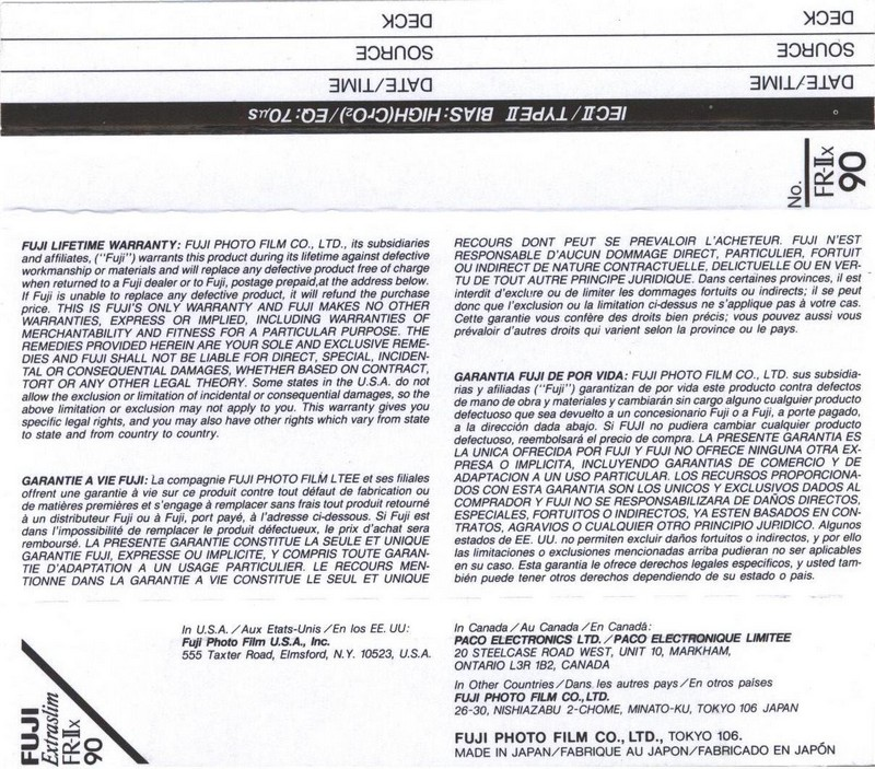 Compact Cassette Fuji FR-IIx 90 Type II Chrome 1992 North America
