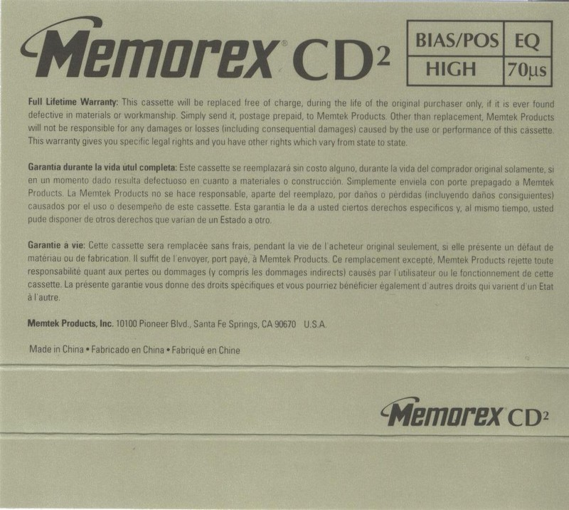 Compact Cassette Memorex CD 2 110 Type II Chrome 1998 Canada, USA