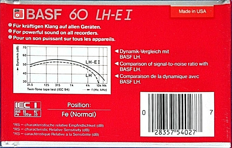 Compact Cassette BASF LH Extra I 60 "Large Window" Type I Normal 1985 North America