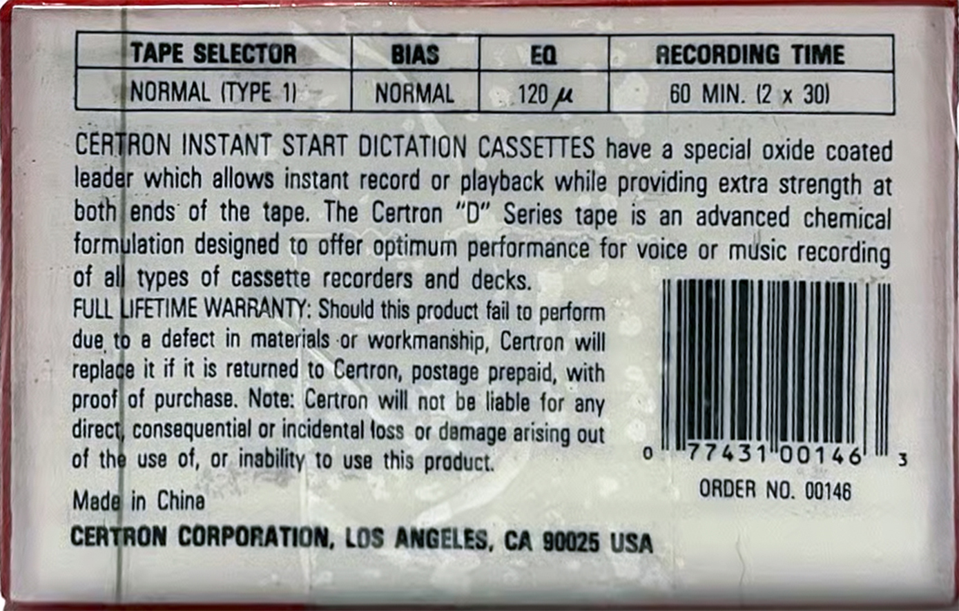 Compact Cassette Certron D / Dictation 60 Type I Normal 1992 USA
