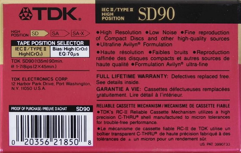 Compact Cassette TDK SD 90 Type II Chrome 1990 North America
