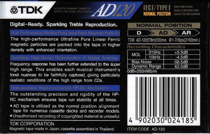 Compact Cassette TDK AD 120 "AD-120" Type I Normal 1992 Thailand