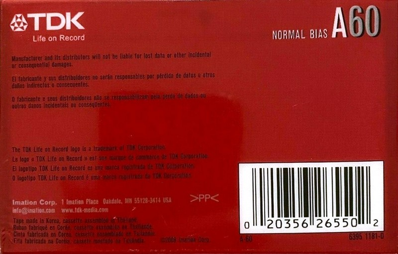 Compact Cassette TDK A 60 "6395 1181-D" Type I Normal 2008 USA