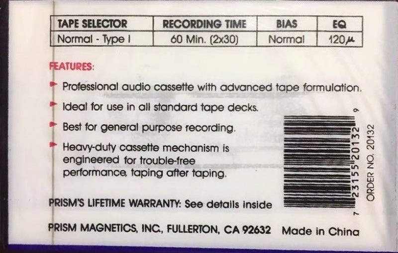 Compact Cassette Prism CX 60 "Order No. 20132" Type I Normal 1990 USA