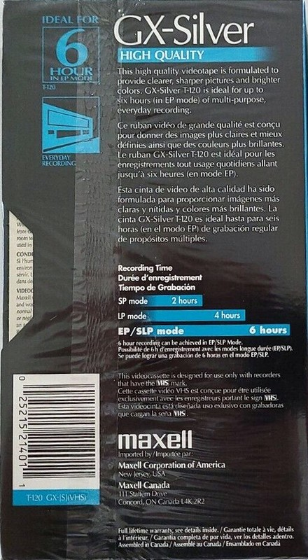 VHS, Video Home System Maxell GX-Silver 120 "T-120 GX-(S)" Type I Normal 1998 North America
