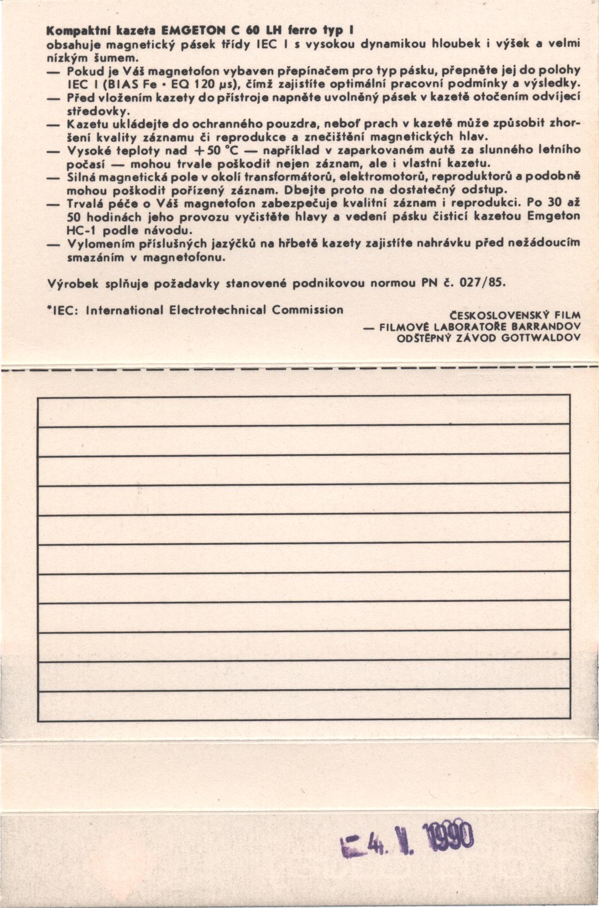 Compact Cassette Emgeton LH 60 Type I Normal 1989 Czechoslovakia