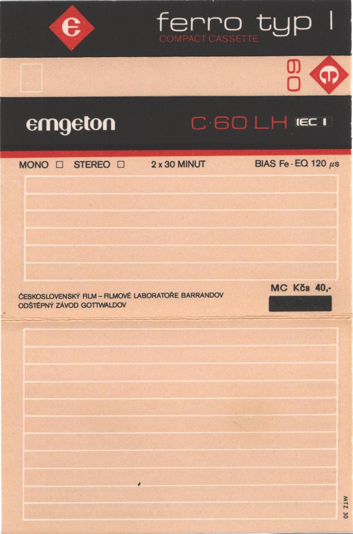 Compact Cassette Emgeton LH 60 Type I Normal 1989 Czechoslovakia