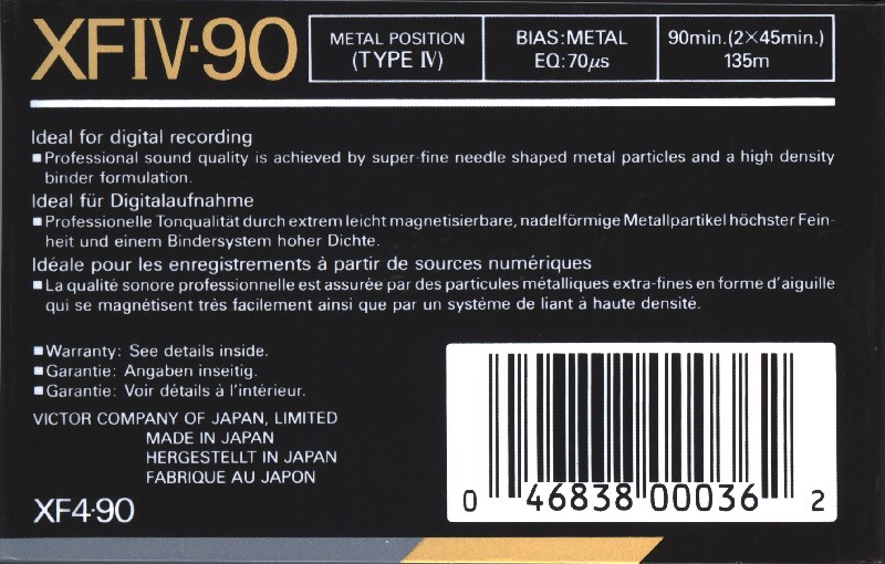 Compact Cassette JVC XFIV 90 Type IV Metal 1990 North America