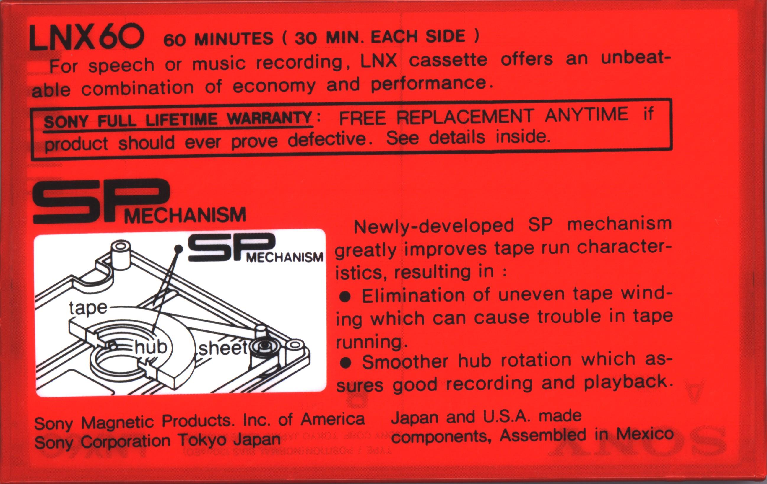 Compact Cassette Sony LNX 60 Type I Normal 1983 USA