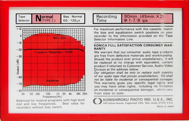 Compact Cassette Konica ML 90 Type I Normal 1985 USA