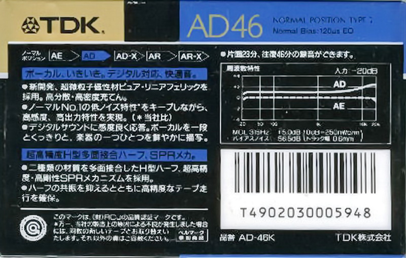 Compact Cassette TDK AD 46 "AD-46K" Type I Normal 1989 Japan