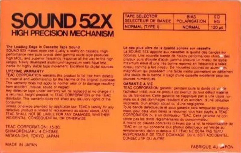 Compact Cassette Teac SOUND 52X 52 "52XOR" Type I Normal 1986 USA