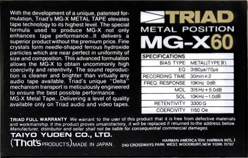 Compact Cassette Triad MG-X 60 Type IV Metal 1986 North America