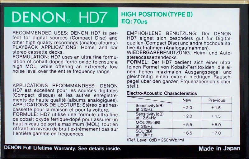 Compact Cassette Denon HD7 90 Type II Chrome 1987 Europe, USA