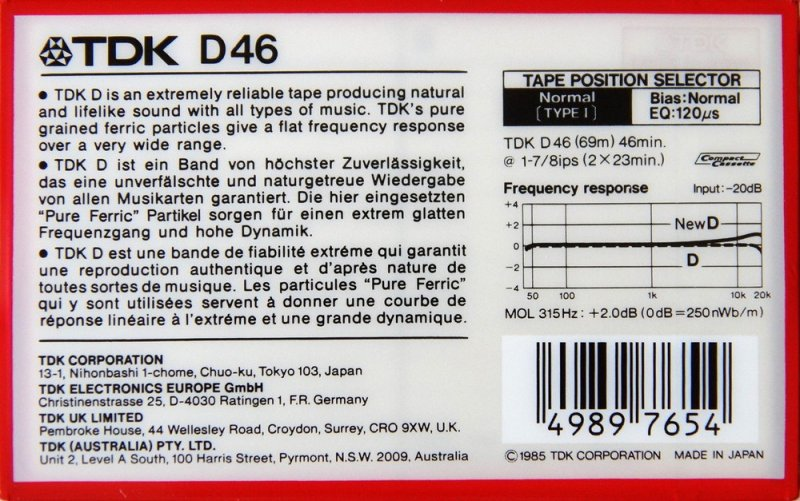 Compact Cassette TDK D 46 Type I Normal 1985 Australia, Europe