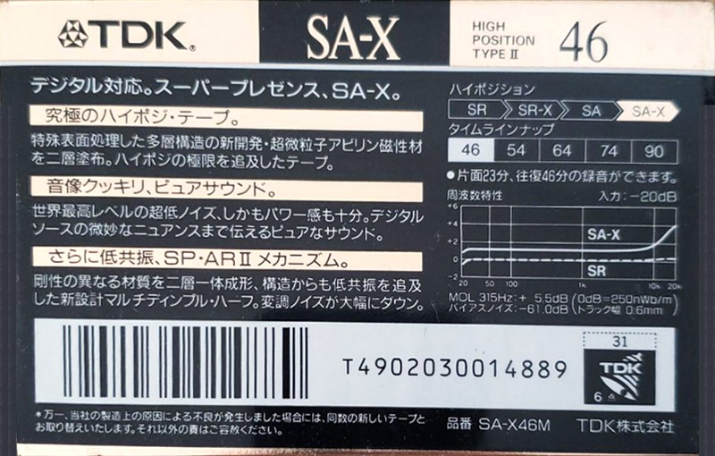 Compact Cassette TDK SA-X 46 "SA-X46M" Type II Chrome 1990 Japan