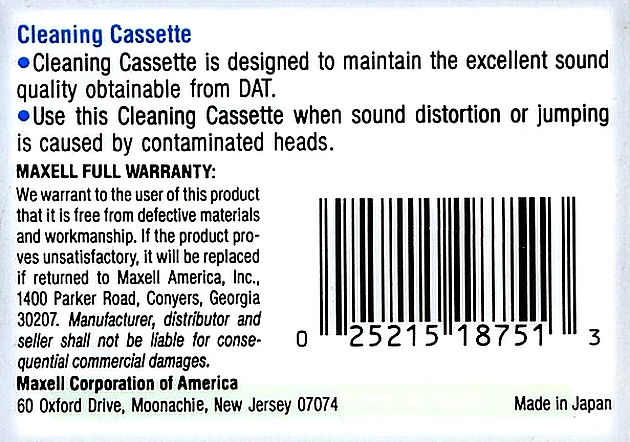 Digital Audio Tape Maxell "R-CL" Cleaning Cassette 1987 USA