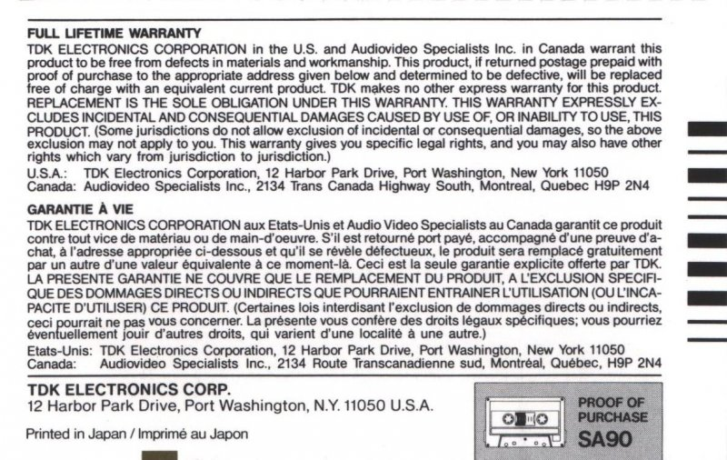 Compact Cassette TDK SA 90 Type II Chrome 1985 North America