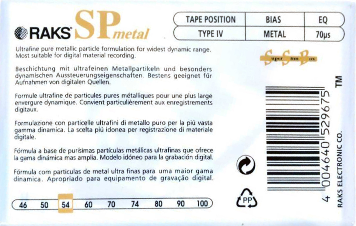Compact Cassette RAKS SP 54 "SP Metal" Type IV Metal 1996 Europe