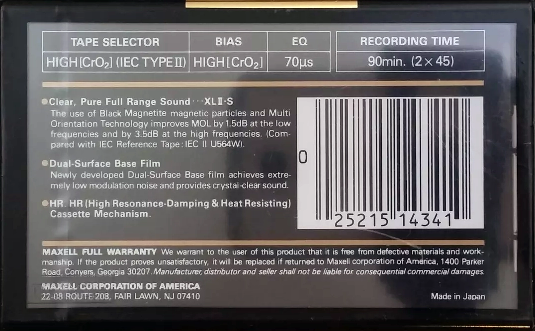 Compact Cassette Maxell XLII-S 90 Type II Chrome 1991 USA