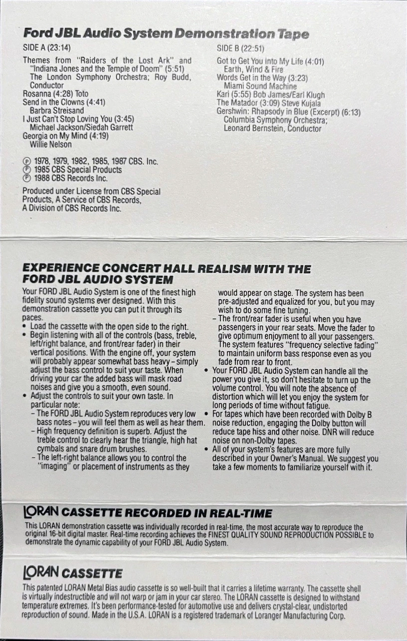 Compact Cassette Loran Ford Audio Systems Demonstration Tape 1988 USA