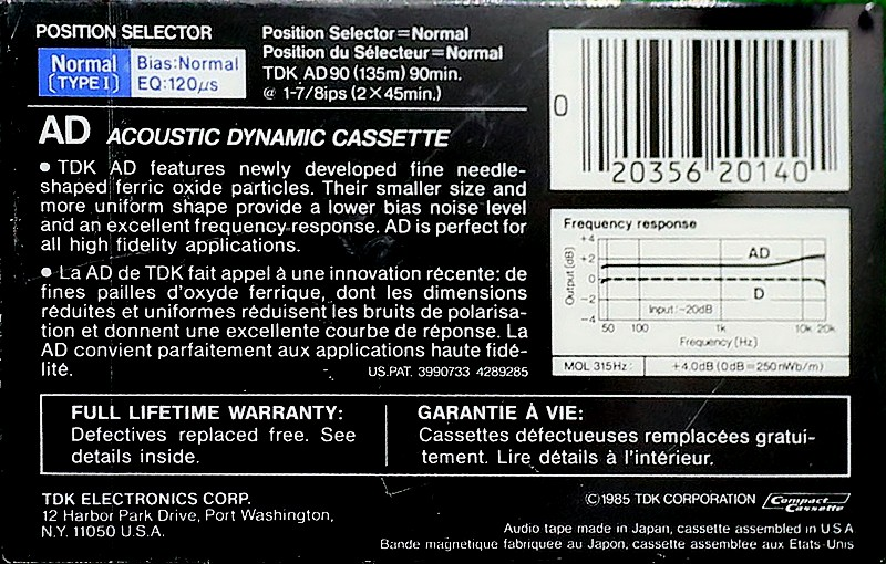Compact Cassette TDK AD 90 Type I Normal 1985 North America