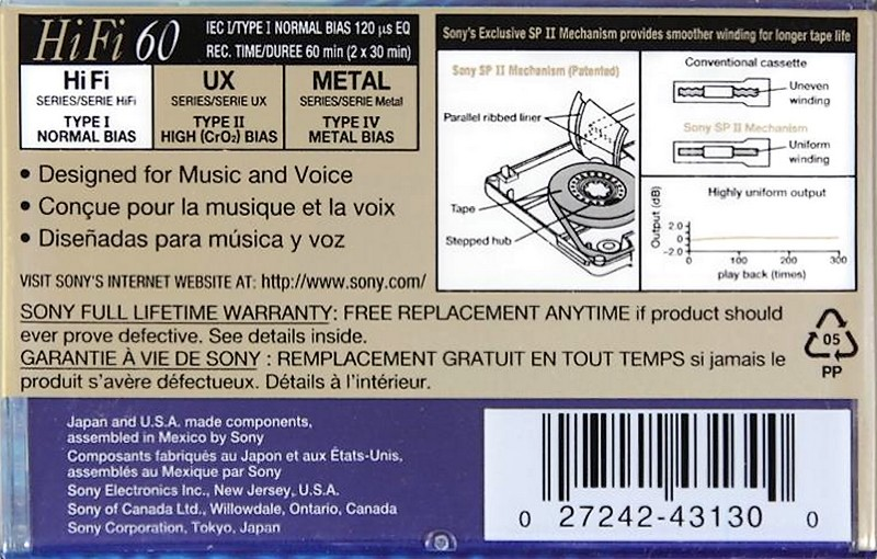 Compact Cassette Sony Hi Fi 60 Type I Normal 1996 Canada, USA
