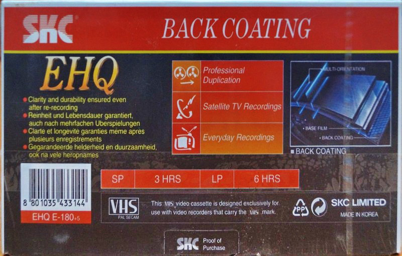 VHS, Video Home System SKC EHQ 180 "EHQ E-180+5" Type I Normal Europe