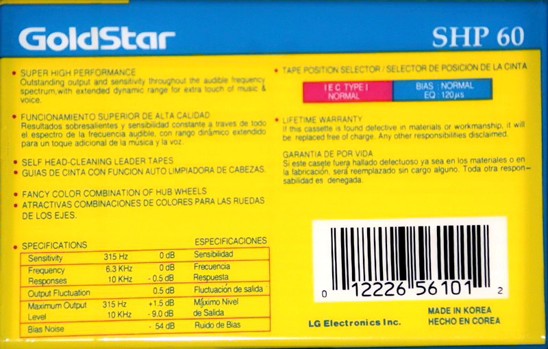 Compact Cassette Goldstar SHP 60 Type I Normal 1991 Canada