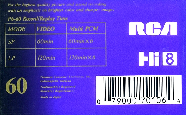 Video8, Hi8, Digital8 RCA 60 "Hi8 MP" Type IV Metal 1990 USA