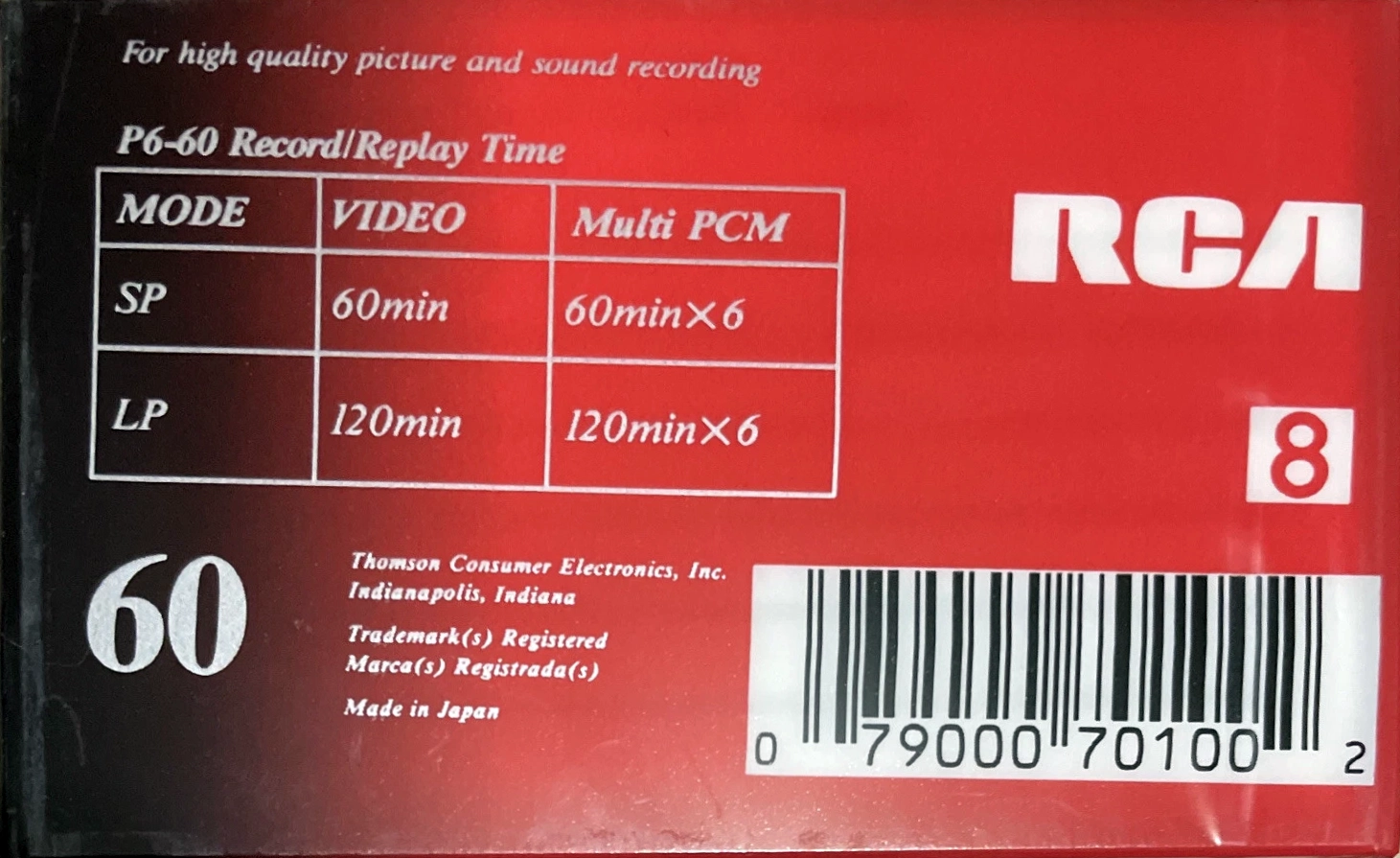 Video8, Hi8, Digital8 RCA 60 "MP" Type IV Metal 1990 USA