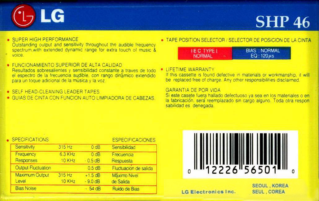 Compact Cassette LG SHP 46 Type I Normal 1991 North America