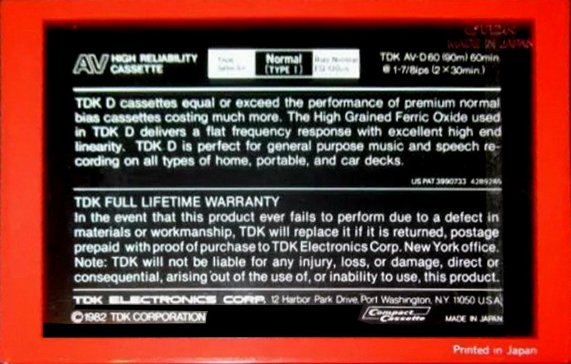 Compact Cassette TDK AV 60 "AV-D60" Type I Normal 1982 USA