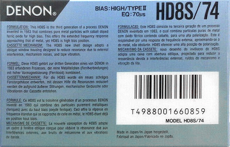 Compact Cassette Denon HD8S 74 Type II Chrome 1990 Europe