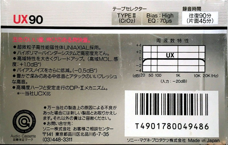 Compact Cassette Sony UX 90 Type II Chrome 1986 Japan