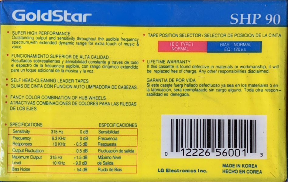 Compact Cassette Goldstar SHP 90 Type I Normal 1991 Canada
