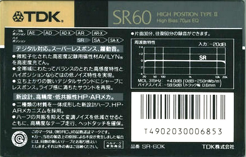 Compact Cassette TDK SR 60 "SR-60K" Type II Chrome 1989 Japan