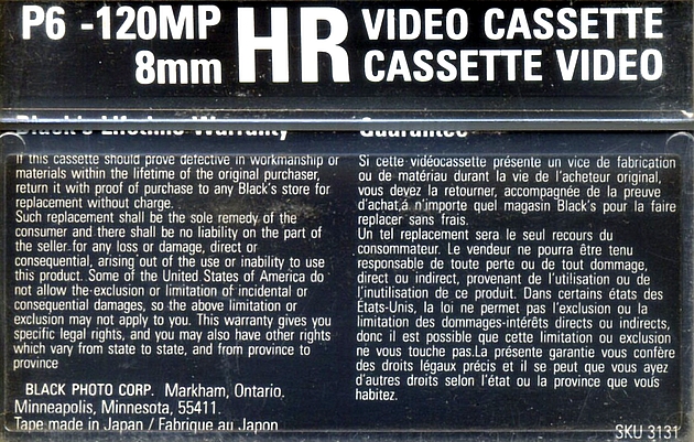 Video8, Hi8, Digital8 Black`s 120 "prima" Type IV Metal North America