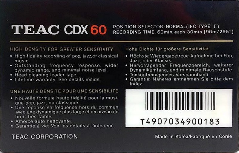 Compact Cassette Teac CDX 90 Type I Normal 1989 Europe