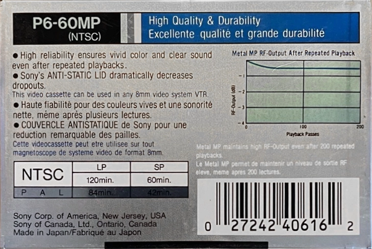Video8, Hi8, Digital8 Sony MP 60 "P6-60MP" Type IV Metal 1992 North America