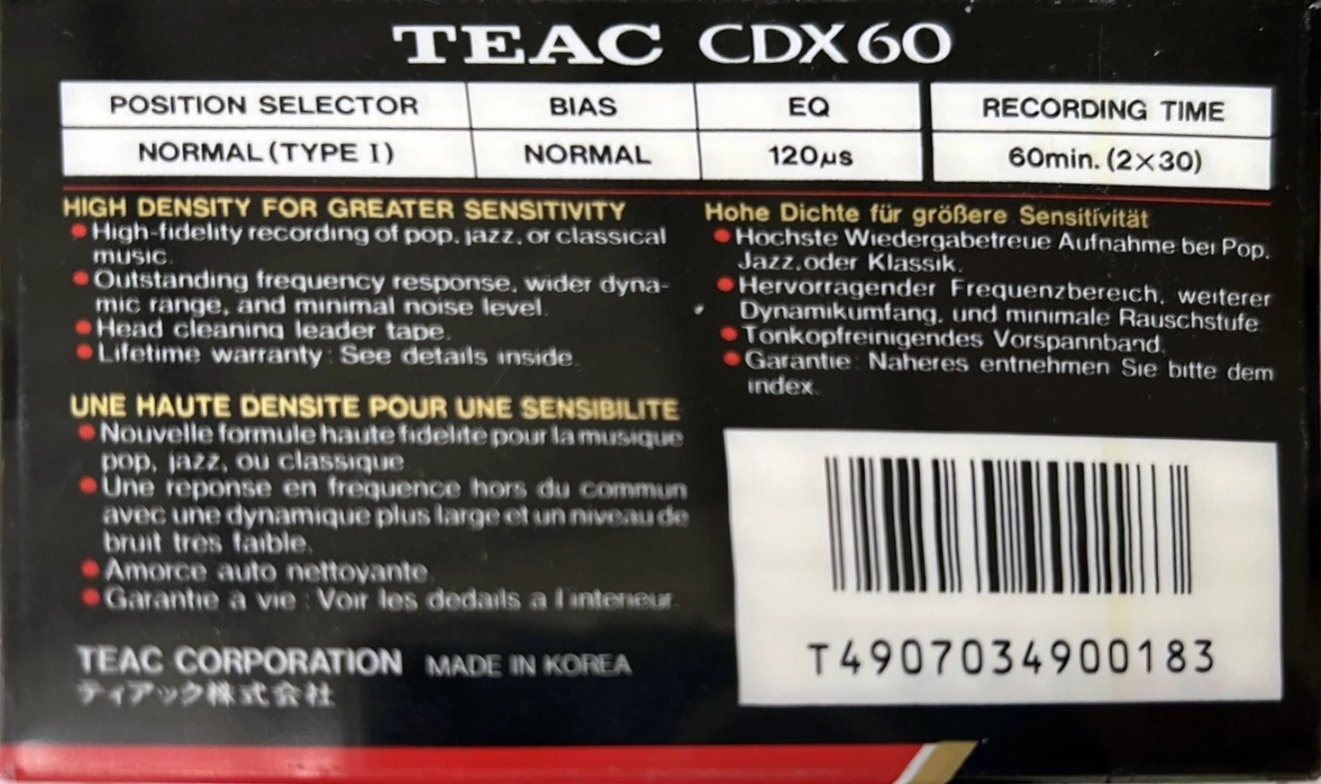 Compact Cassette Teac CDX 60 Type I Normal 1990 Europe