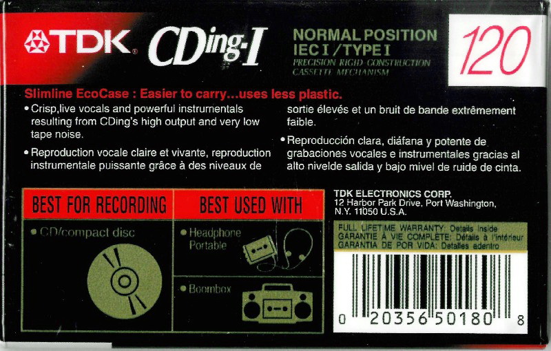 Compact Cassette TDK CDing 1 120 Type I Normal 1992 North America