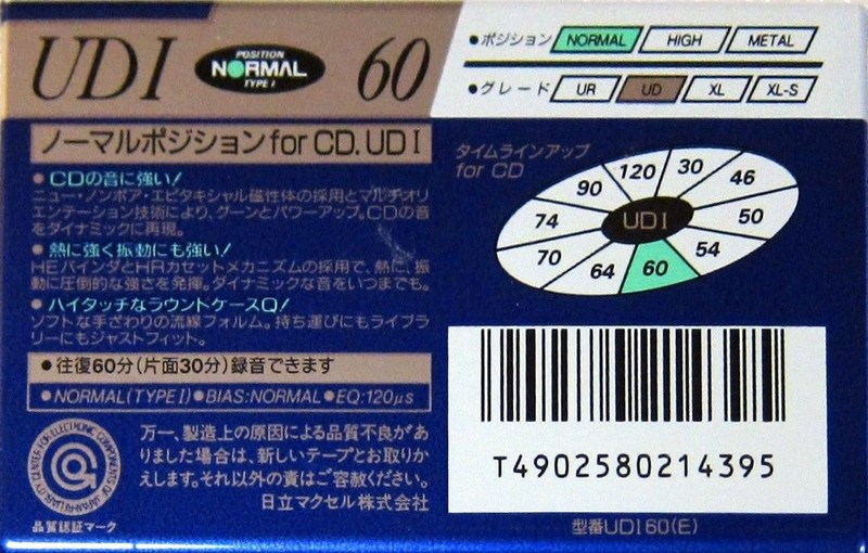 Compact Cassette Maxell UDI / UD1 60 "UDI 60(E)" Type I Normal 1994 Japan