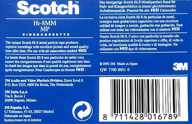 Video8, Hi8, Digital8 Scotch 60 Type IV Metal 1993 Europe