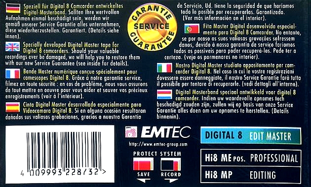 Video8, Hi8, Digital8 Emtec 45 "DIGITAL 8 Edit Master" Type I Normal 2002 Europe