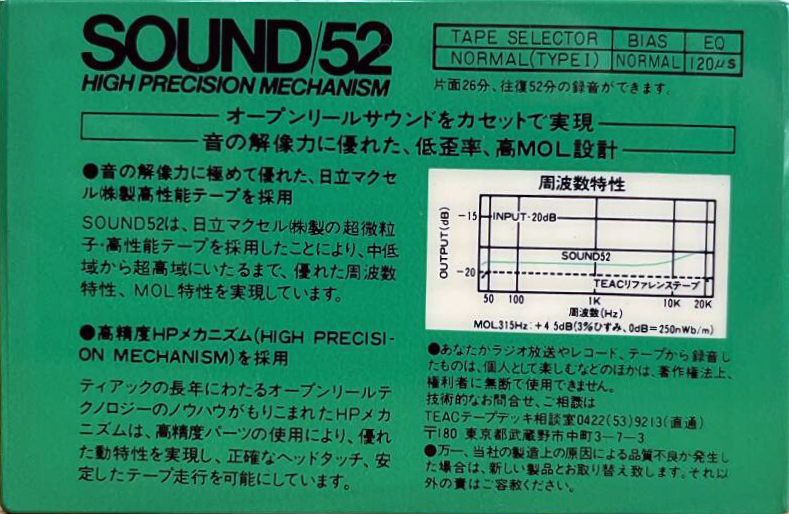 Compact Cassette Teac SOUND 52 "/52GR" Type I Normal 1984 Japan