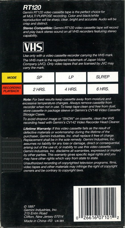 VHS, Video Home System Gemini 120 Type I Normal 1997 USA
