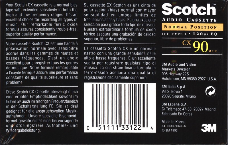 Compact Cassette Scotch CX 90 Type I Normal 1993 Worldwide